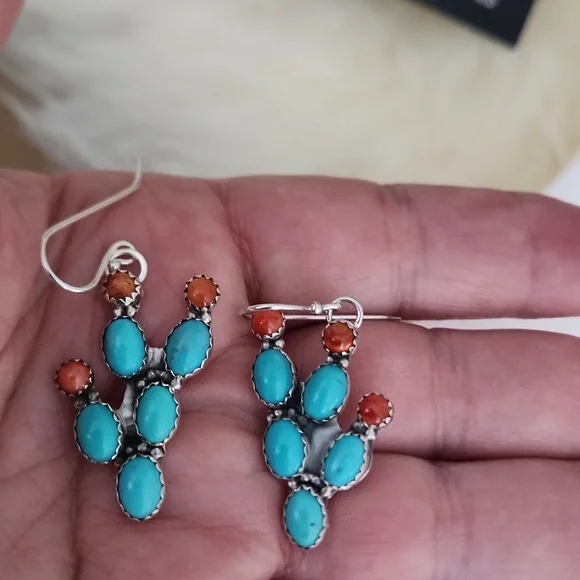 NWT Native American Navajo Turquoise Cactus Dangle Earrings 🩵🌵🧡 - Picture 7 of 12